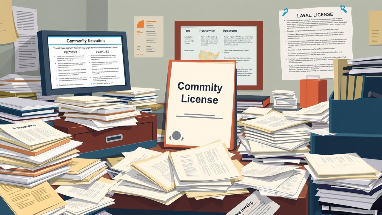 Een rommelig kantoor met stapels papierwerk en een gemeenschapslicentiebestand.