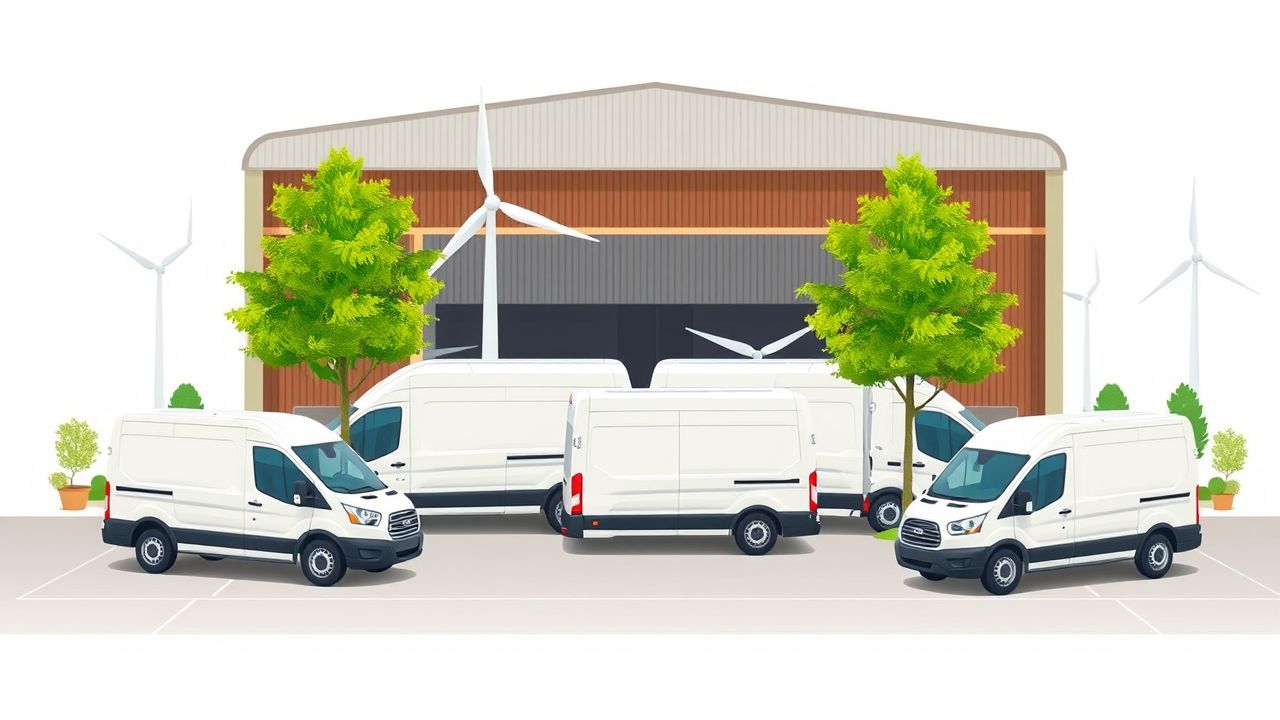 Een magazijn met elektrische bezorgwagens en groene omgeving.