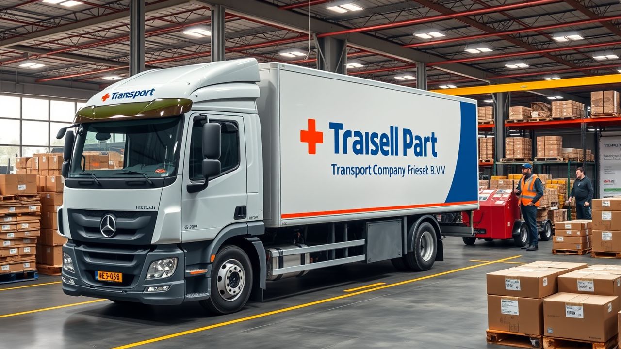 Een moderne bezorgtruck van Transportbedrijf Friesland, Hoekstra Sneek B V in een druk magazijn met georganiseerde pakketten en werknemers die goederen laden en lossen.