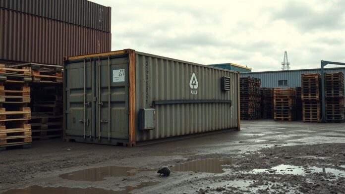 Een vervallen verzendcontainer in modderige industriële werf in Groningen, Nederland.