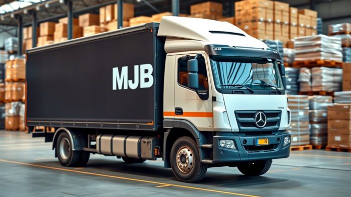 Een MJB transport truck in een druk magazijn, klaar voor distributie.