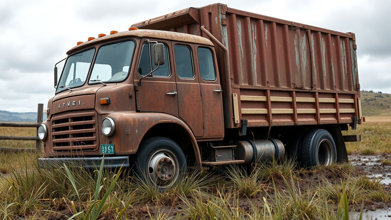 Een verroeste transporttruck staat geparkeerd in een modderig veld.
