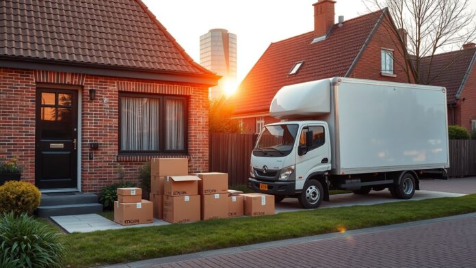 Een verhuiswagen staat naast een gezellig huis in Eindhoven.