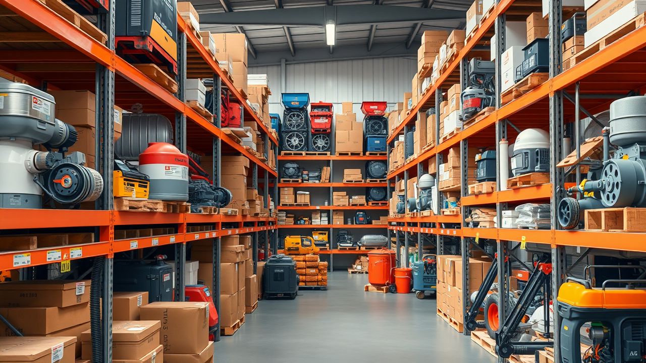 Een goed georganiseerd magazijn van Boels, met diverse industriële apparatuur.