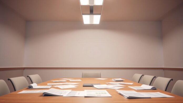 Een lege vergaderruimte met financiële documenten voor herstructurering van een Nederlands bedrijf.