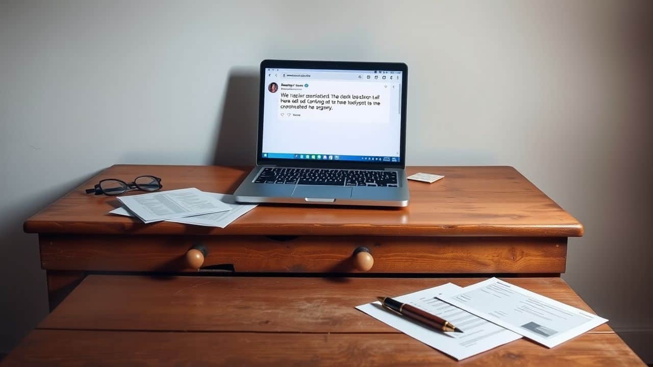 Een oude houten bureau met een laptop en contractgeschil.