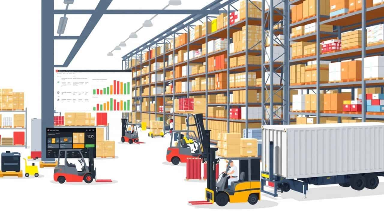 Een druk magazijn met voorraadbeheer, heftrucks en distributieactiviteiten. Een druk magazijn met voorraadbeheer, heftrucks en distributieactiviteiten.