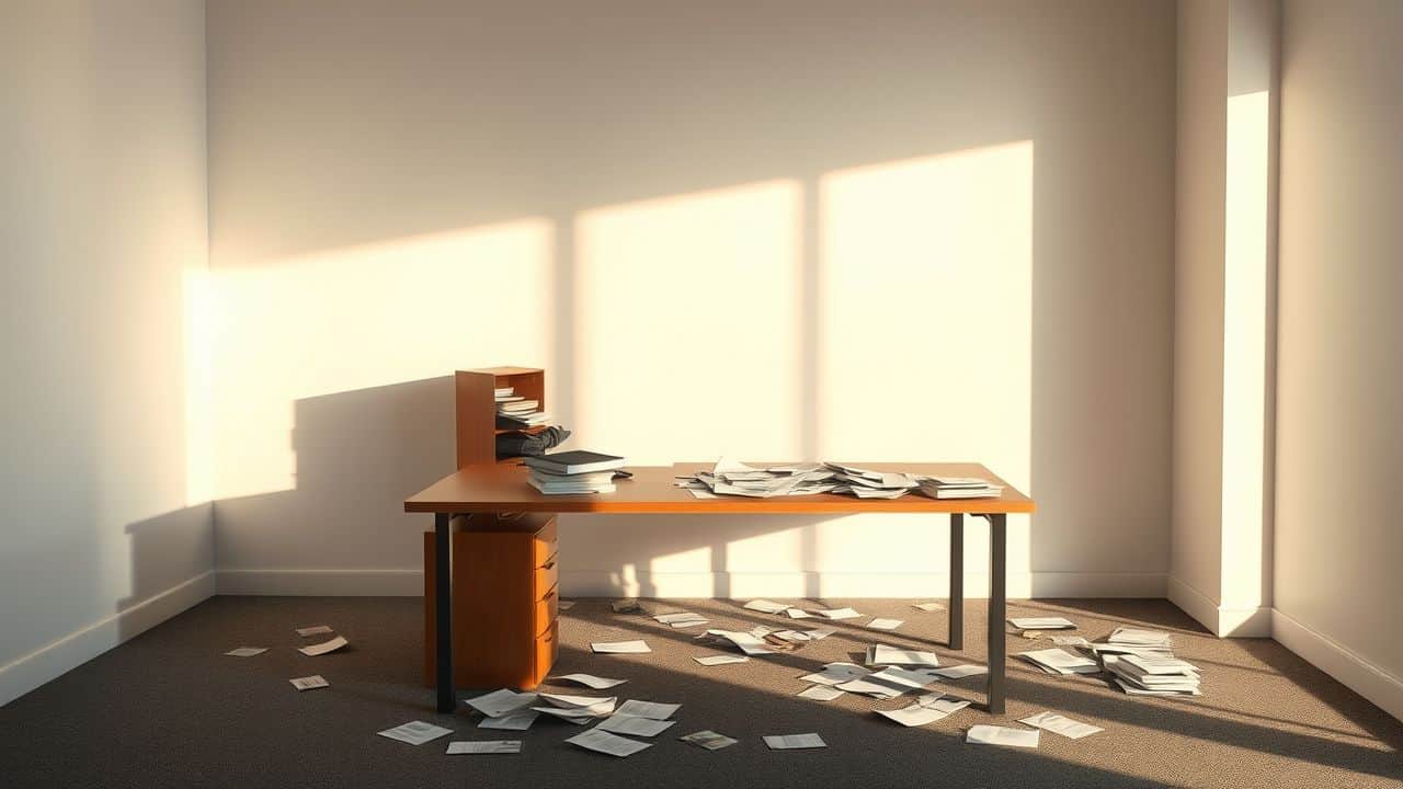 Een verlaten kantoorbureau met rommelige papieren, suggererend onzekerheid en sluiting. Een verlaten kantoorbureau met rommelige papieren, suggererend onzekerheid en sluiting.