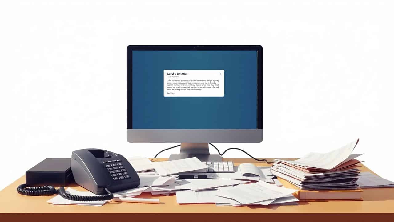 Een rommelig kantoor bureau met een ongelezen e-mail op de computer.