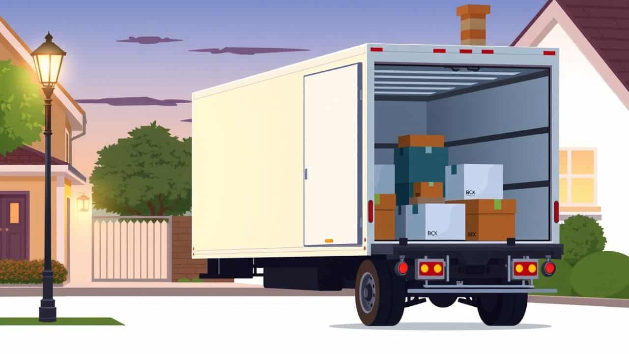 Een verhuiswagen geparkeerd buiten een huis met dozen en meubels.