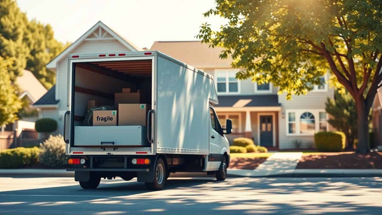 Een verhuiswagen staat geparkeerd voor een gezellig huis in een buitenwijk.