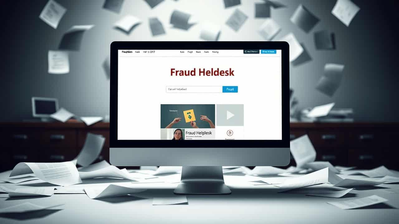 Een computer toont de Fraud Helpdesk website te midden van chaos.