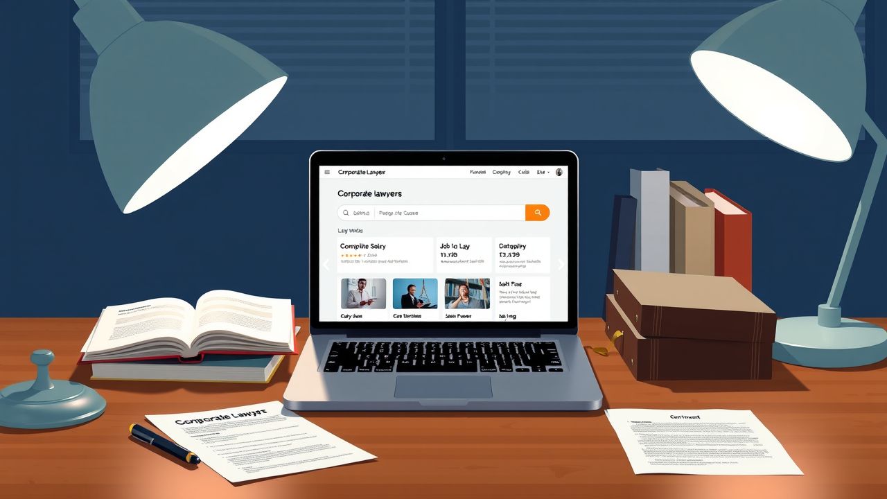 Een bureau met een laptop toont een baanzoekwebsite voor bedrijfsjuristen. Een bureau met een laptop toont een baanzoekwebsite voor bedrijfsjuristen.