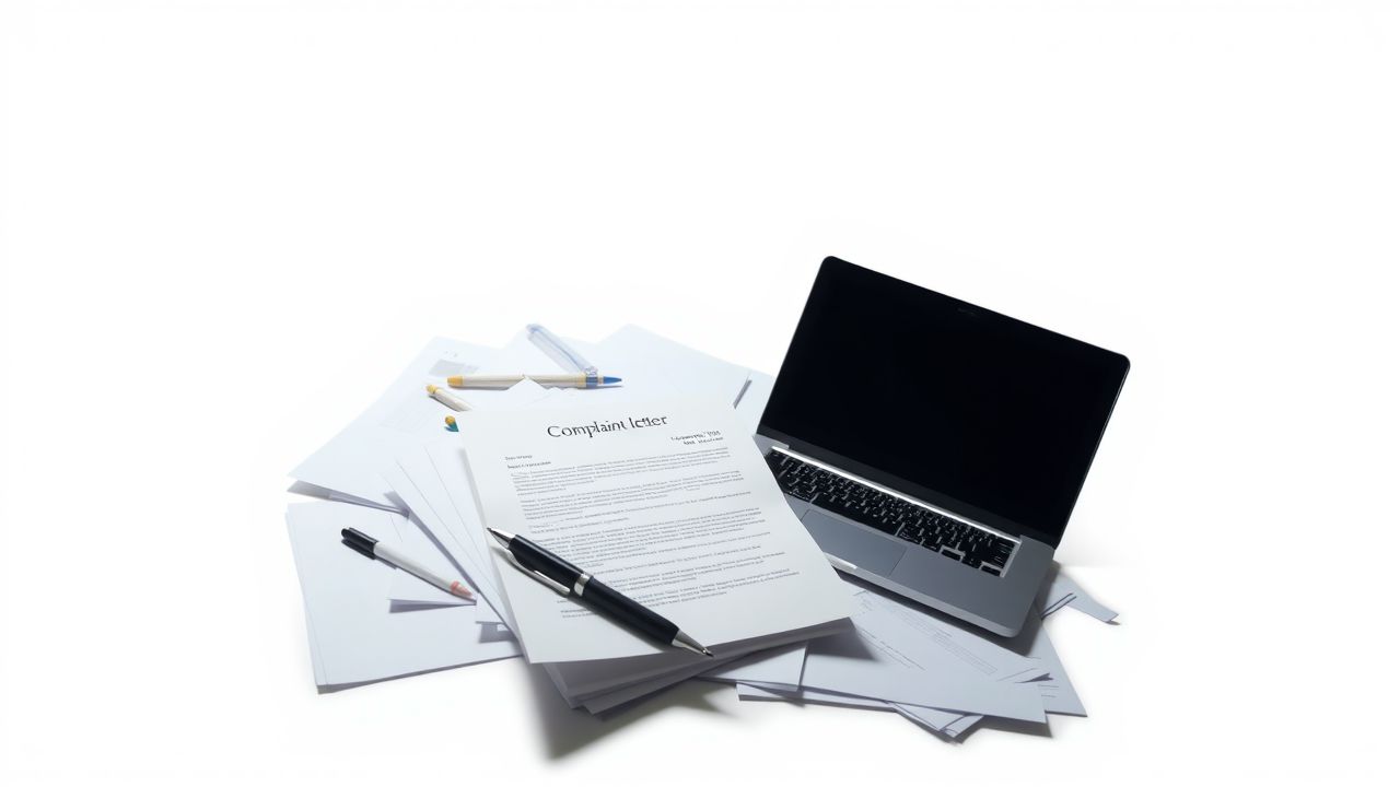 Een rommelig bureau met een open laptop en een klachtenbrief. Een rommelig bureau met een open laptop en een klachtenbrief.